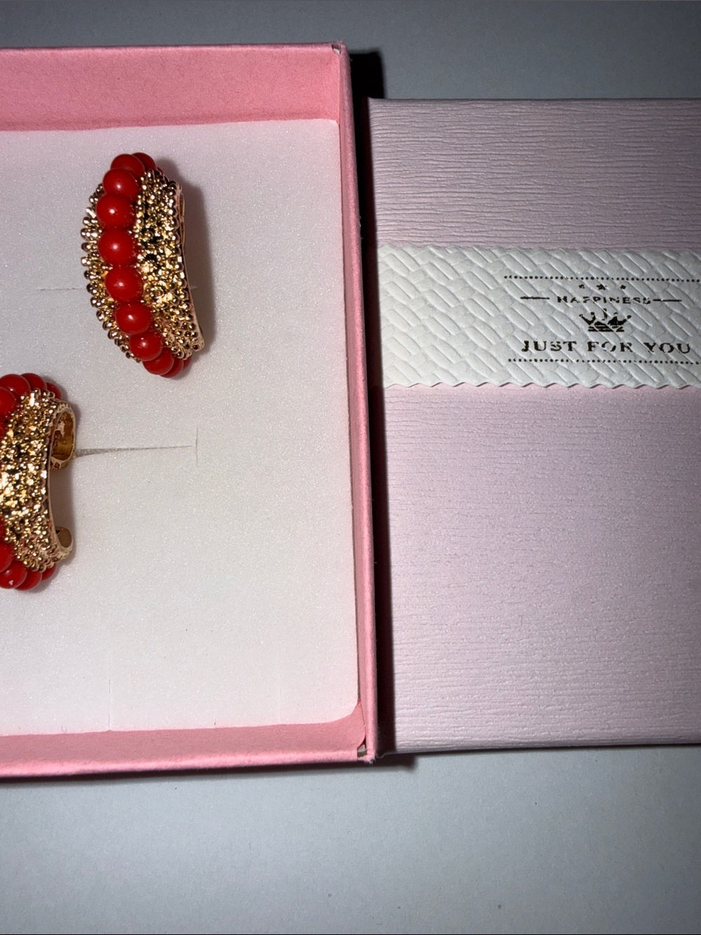 Gold and Red Beaded Hoop Earrings -